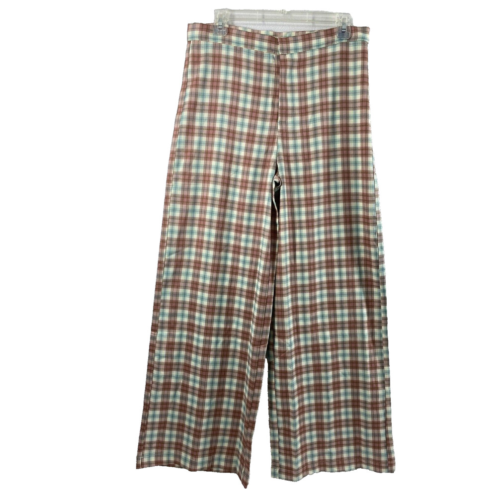 Time After Time Wide Leg Pants Womens Medium Blue Pink Cream Plaid Preppy Slacks